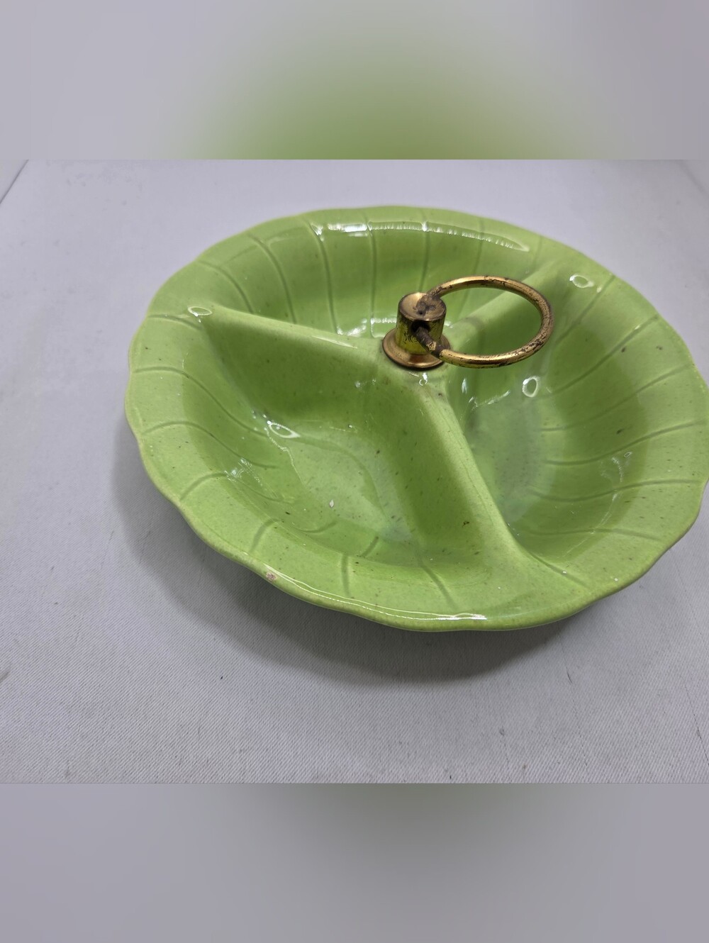 Vintage Lane & Co 1960 Chartreuse Green Divided Candy Dish Centerpiece Handle 🥑